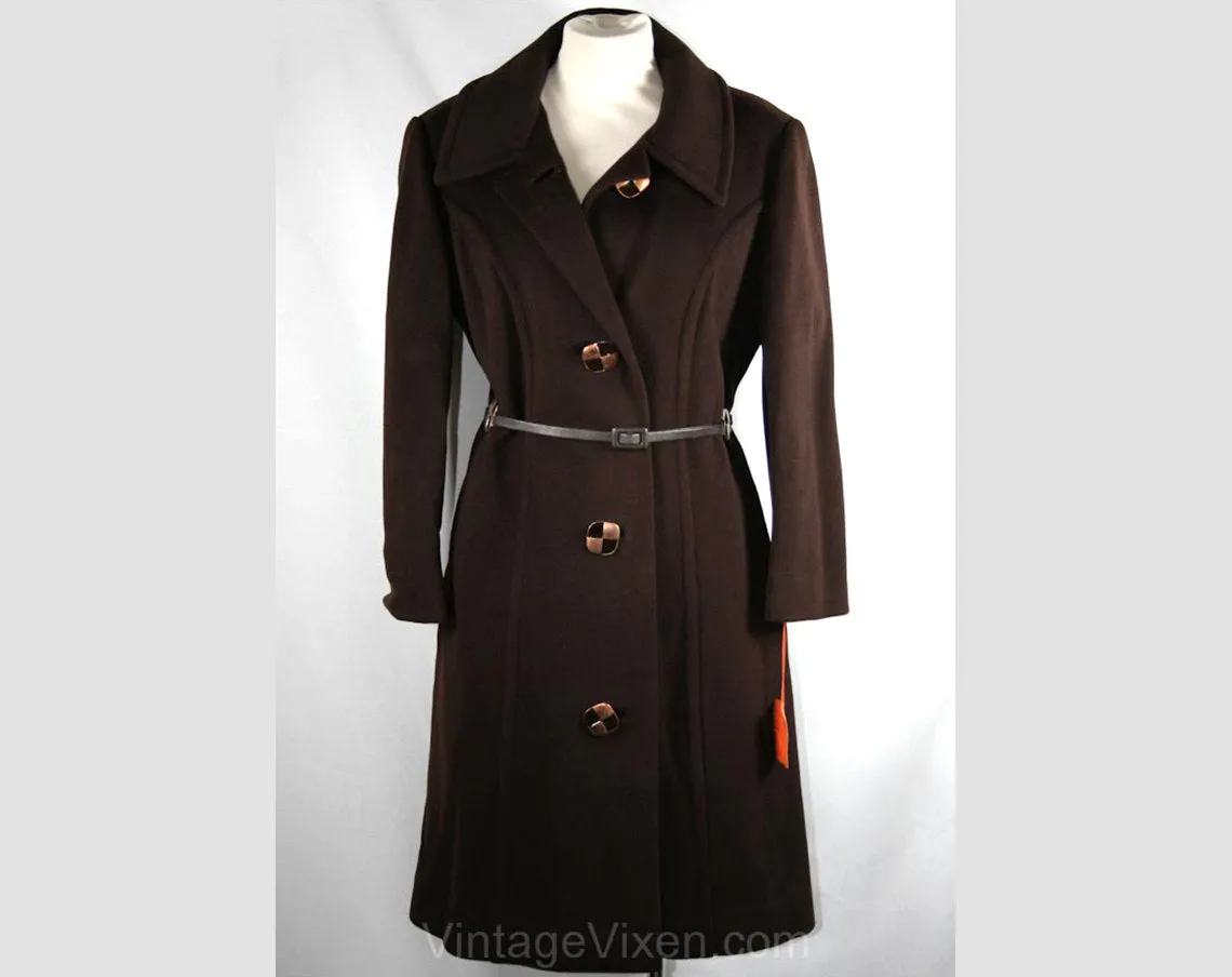 Size 14 Chic 1960s Chocolate Tailored Coat with Modernist Copper Details - Large - Deadstock - New With Tag - Tailored Brown Wool - 33731-1