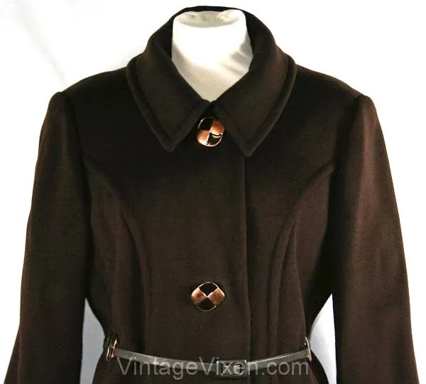Size 14 Chic 1960s Chocolate Tailored Coat with Modernist Copper Details - Large - Deadstock - New With Tag - Tailored Brown Wool - 33731-1