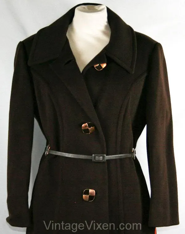 Size 14 Chic 1960s Chocolate Tailored Coat with Modernist Copper Details - Large - Deadstock - New With Tag - Tailored Brown Wool - 33731-1