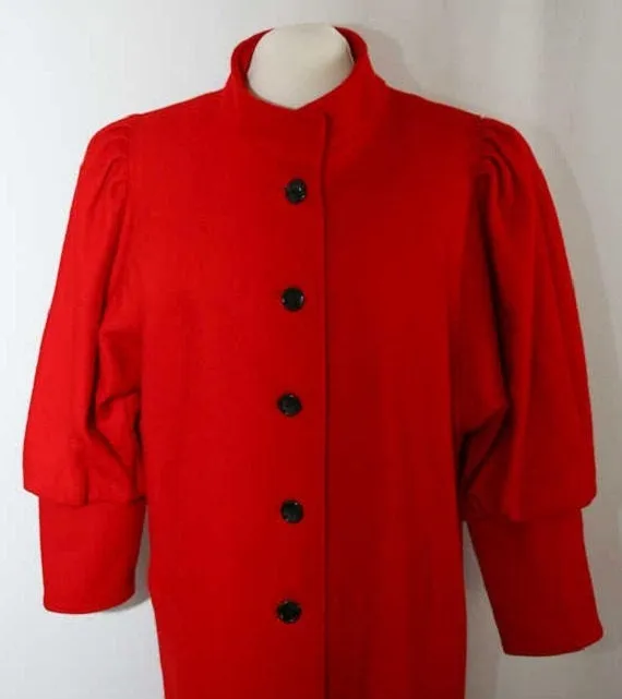 Size 20 Fabulous Red Wool Coat with Leg-O-Mutton Sleeves - 1980s Modernist Overcoat with Victorian Style Sleeves - XL Plus Size - Bust 48