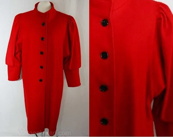Size 20 Fabulous Red Wool Coat with Leg-O-Mutton Sleeves - 1980s Modernist Overcoat with Victorian Style Sleeves - XL Plus Size - Bust 48