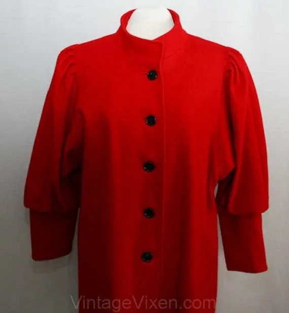 Size 20 Fabulous Red Wool Coat with Leg-O-Mutton Sleeves - 1980s Modernist Overcoat with Victorian Style Sleeves - XL Plus Size - Bust 48